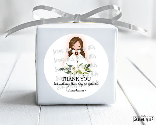 Watercolor Floral Girl First Communion Favor Stickers or Tags - Scrap Bits