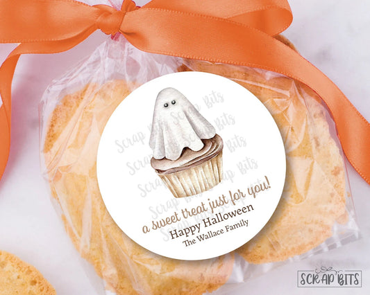 Watercolor Ghost Cupcake A Sweet Treat Just for You Halloween Stickers or Tags - Scrap Bits