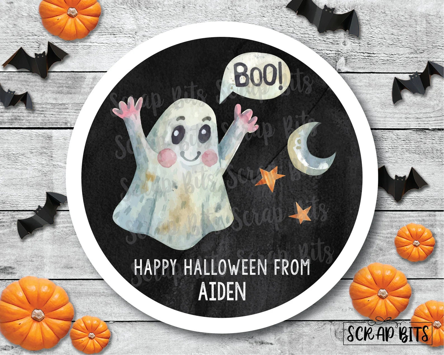 Watercolor Ghost Halloween Treat Bag Stickers or Tags - Scrap Bits