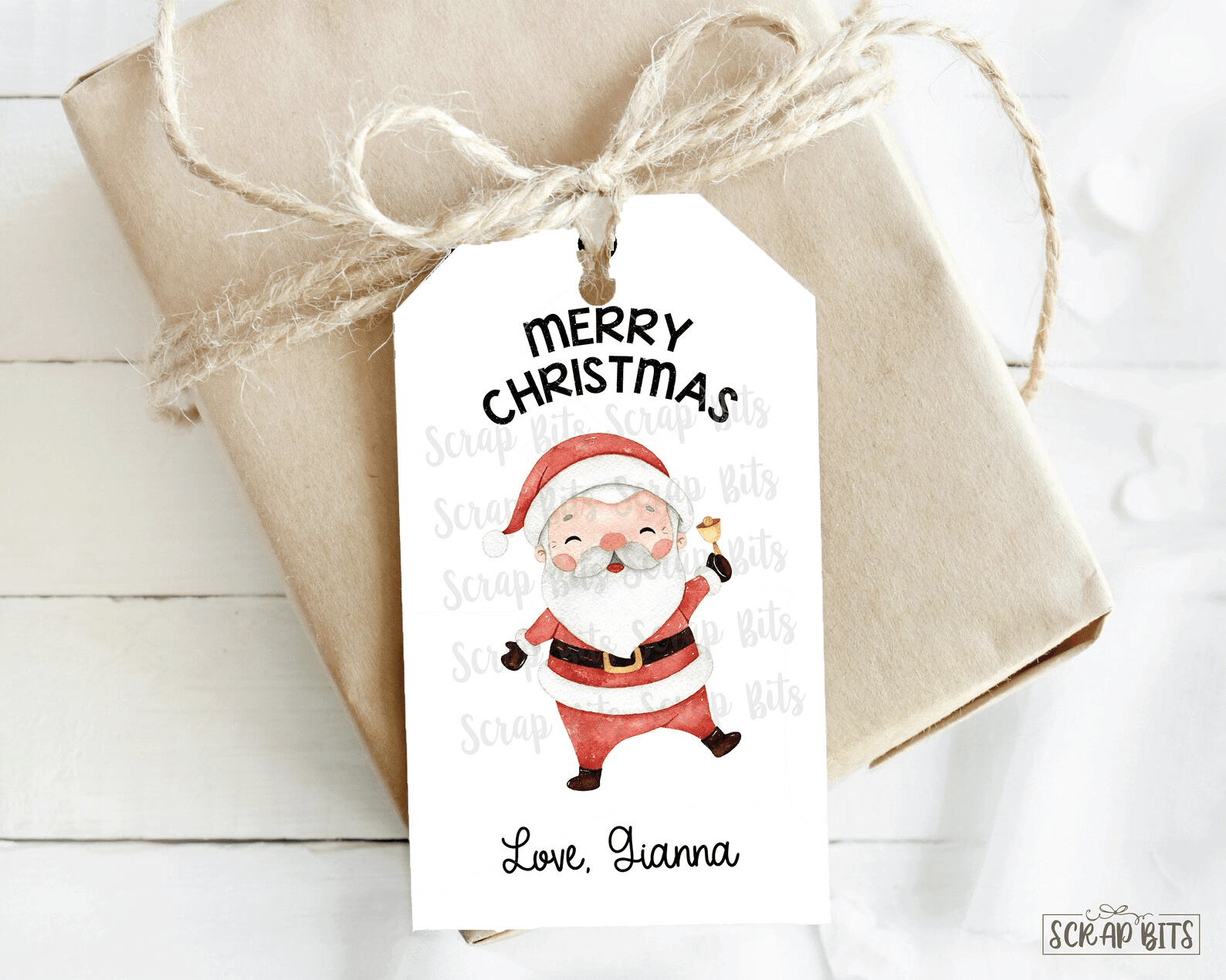 Watercolor Santa Cute Christmas Tags, Personalized Christmas Gift Tags - Scrap Bits