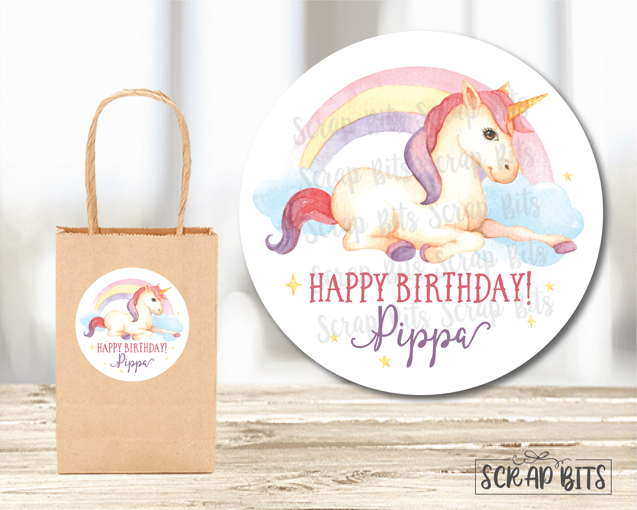 Watercolor Unicorn Birthday Party Favor Stickers or Tags - Scrap Bits