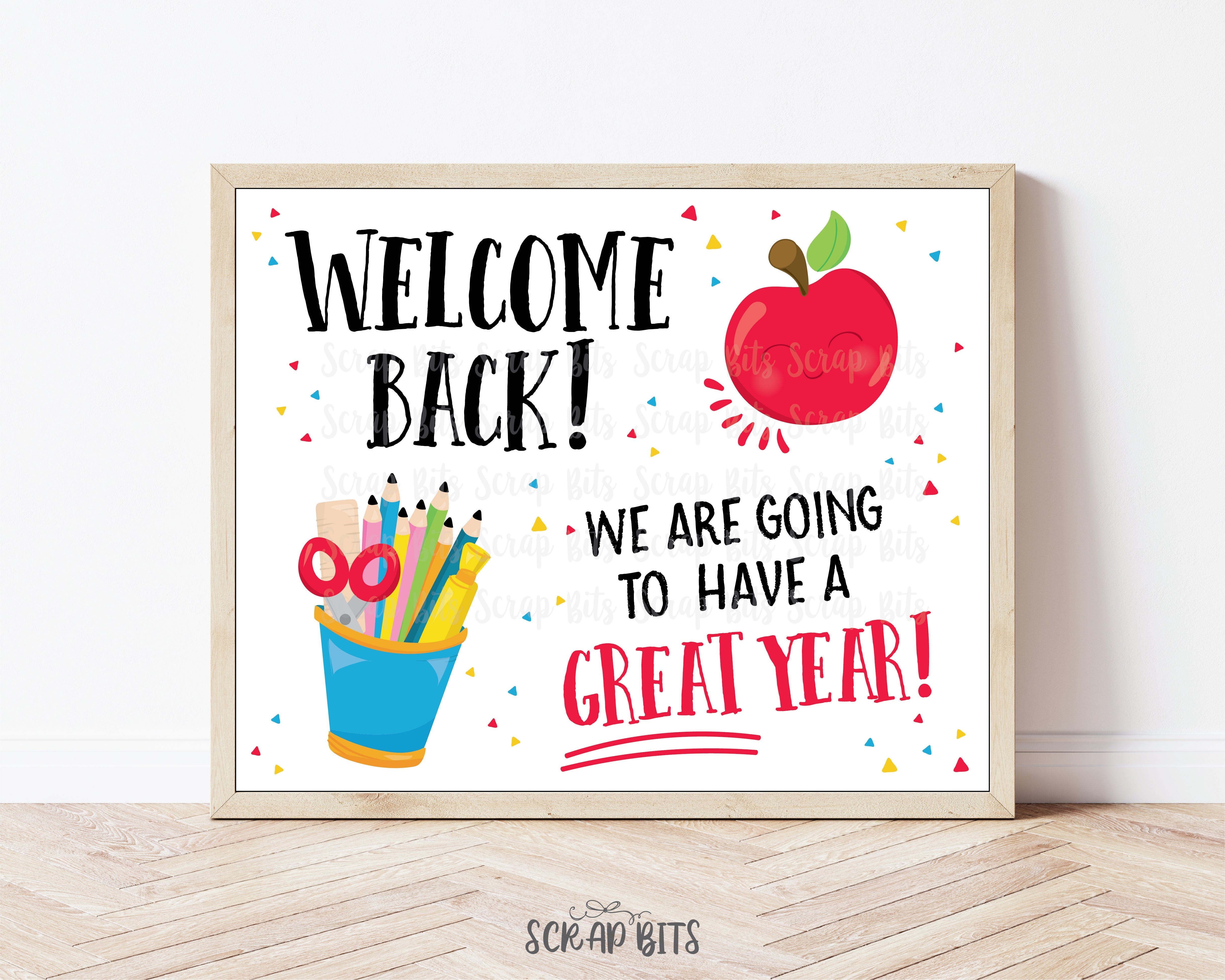 Welcome Bit Welcome Back To School Sign, Apple + Pencils Horizontal . 5 Digital Pr ...