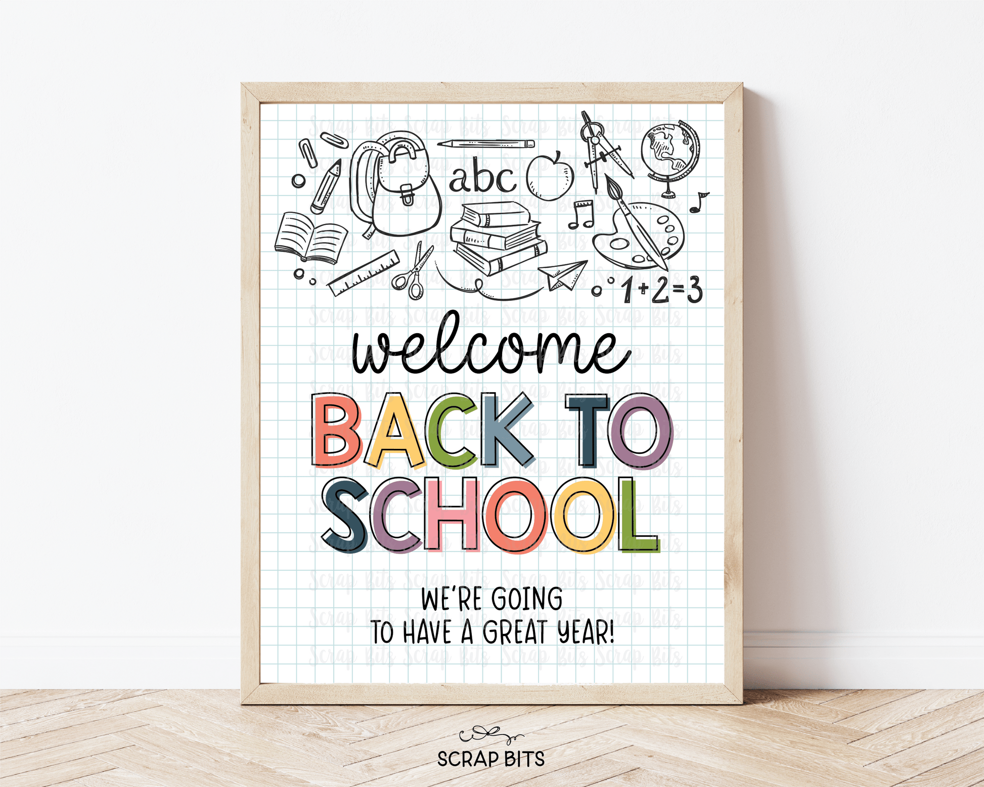 Welcome Back To School Sign, Doodle Graph . 5 Digital Print Sizes - Scrap Bits