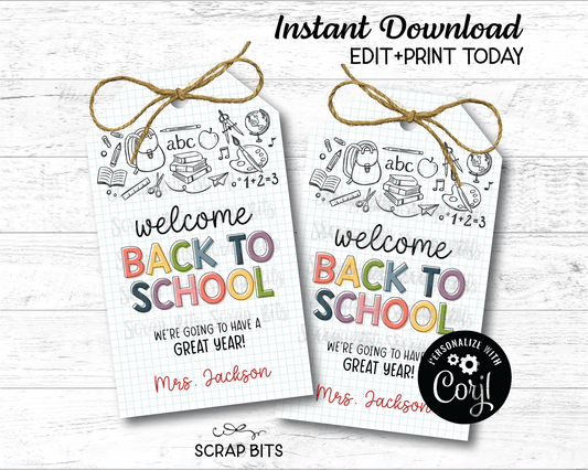 Welcome Back To School Tags, Doodle Graph, Printable Back To School Labels . Instant Download Editable Template - Scrap Bits