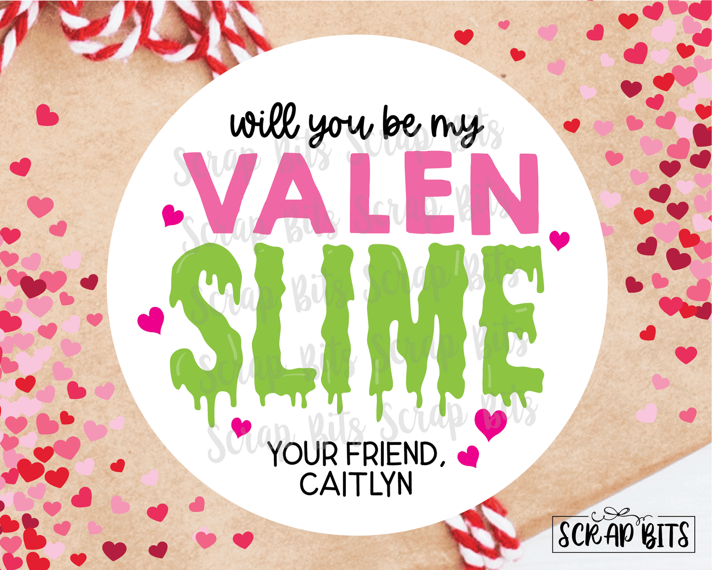 Will You Be My ValenSlime, Valentine Slime Stickers or Tags, Pink & Green - Scrap Bits