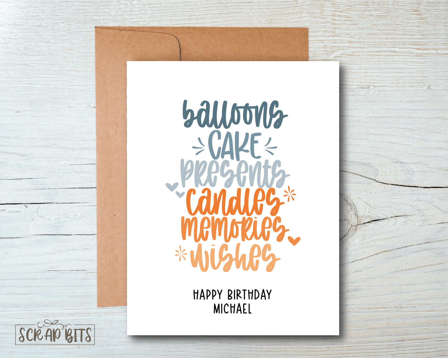 Word Stacks Birthday Card, Blue & Orange - Scrap Bits