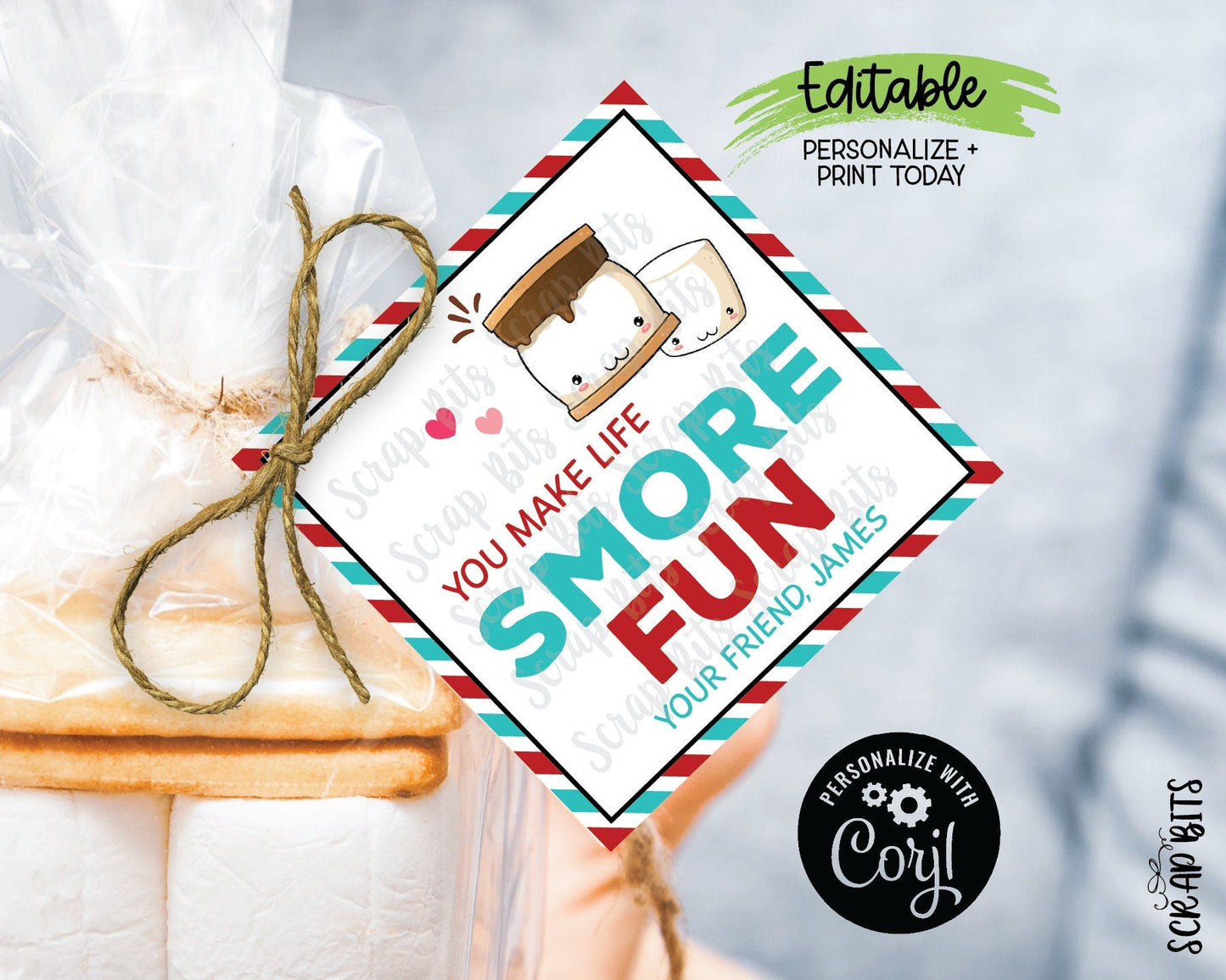You Make Life Smore Fun Blue, Printable Valentine S'more Tags, Instant Download Editable Template - Scrap Bits