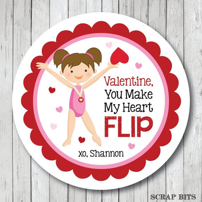 You Make My Heart Flip Gymnast Valentines . Valentine's Day Stickers or Tags - Scrap Bits