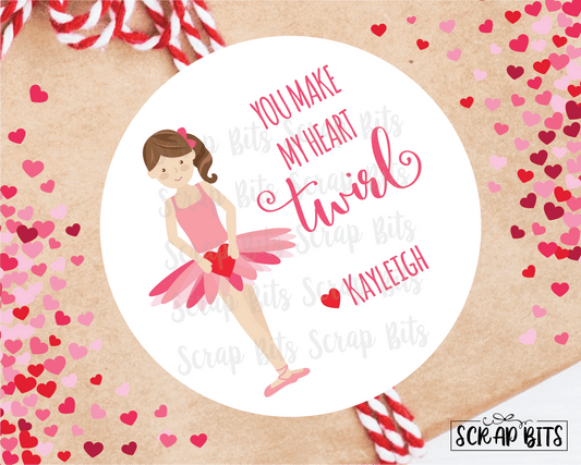 You Make My Heart Twirl Ballerina Valentines . Valentine's Day Stickers or Tags - Scrap Bits