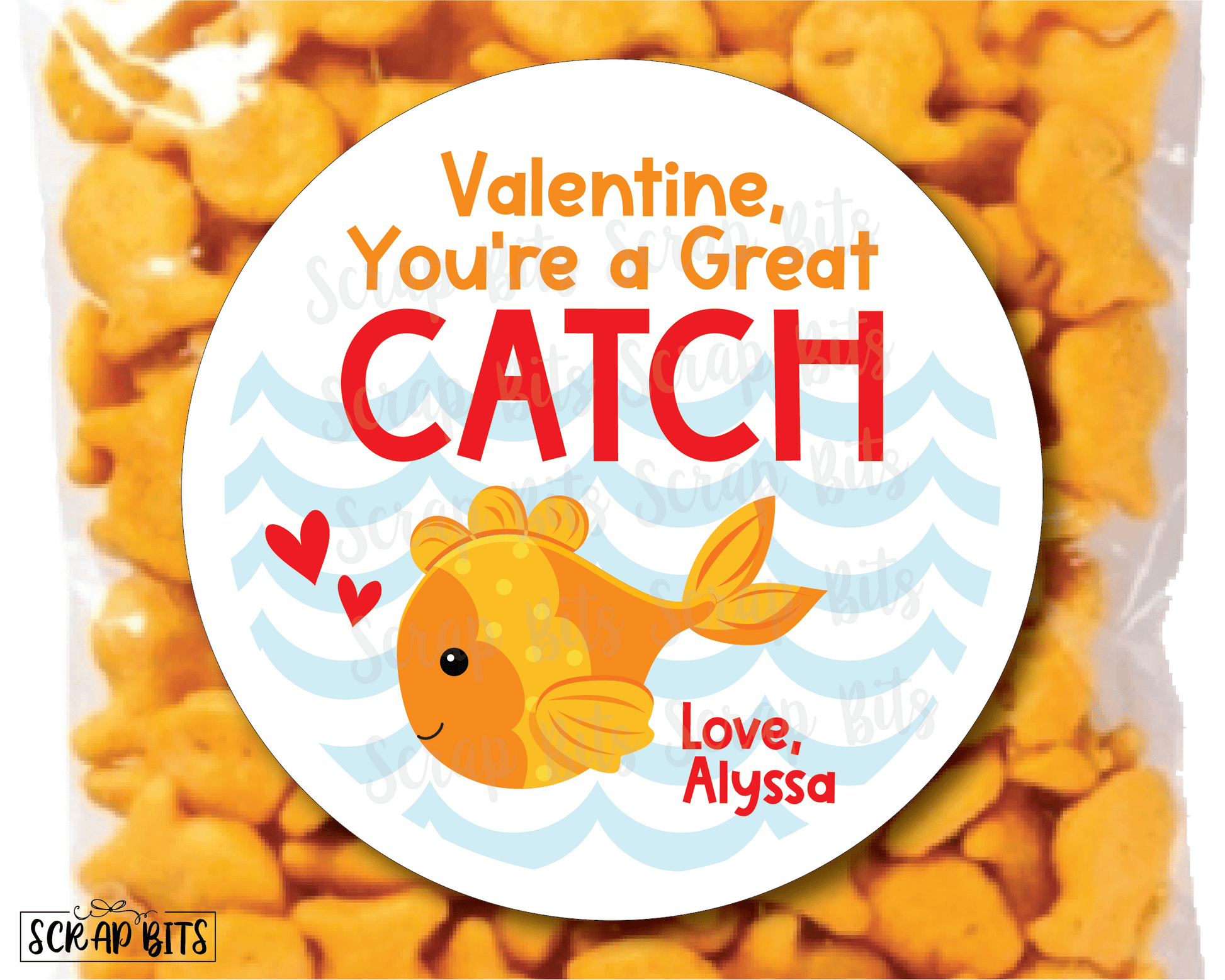 You're A Great Catch Goldfish Valentines . Valentine's Day Stickers or Tags - Scrap Bits