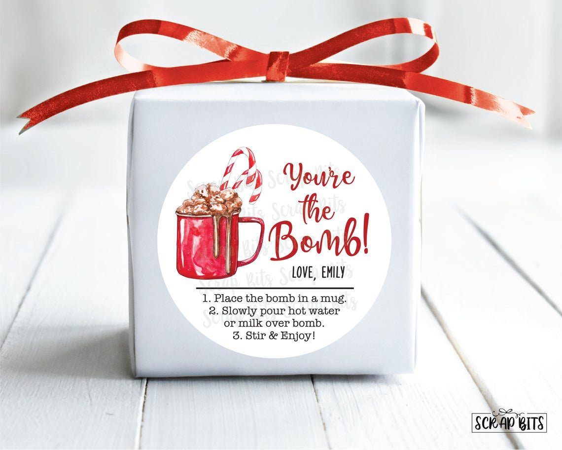 You're The Bomb, Hot Chocolate Bomb Christmas Stickers or Tags . Christmas Gift Labels - Scrap Bits